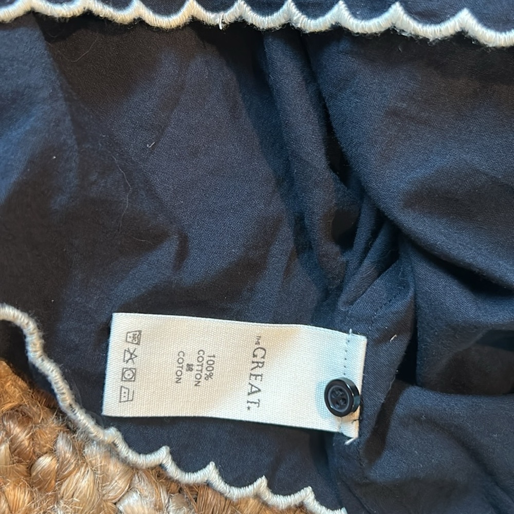 THE GREAT. Navy Blue Embroidered Peasant Blouse with White Trim - Picture 8 of 11
